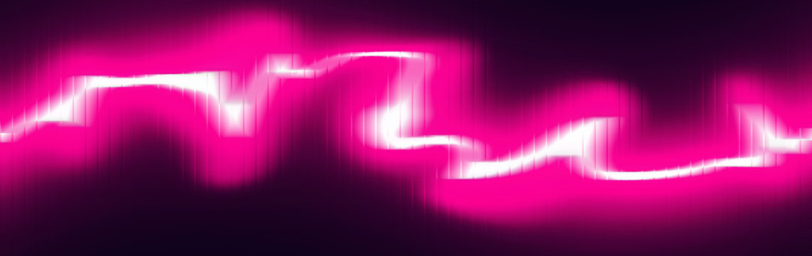 Light streaks of vibrant pink radiate in a sharp zigzag motion against a deep black void to symbolize a burst of electrical energy or a sudden surge in high voltage power systems.