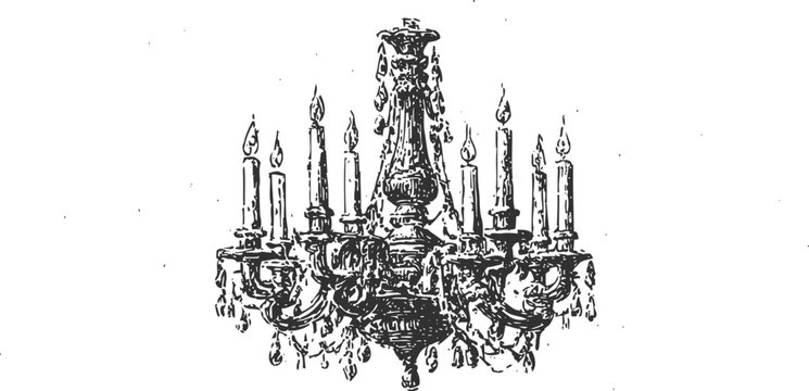 Vintage ornate chandelier illustration with multiple lit candles and decorative details