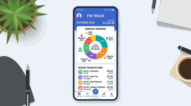 Mobile finance app interface displaying monthly spending analytics and recent transactions with a pie chart breakdown.