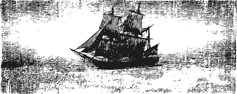 Vintage sailing ship illustration with billowing sails on wavy sea, old maritime nautical design