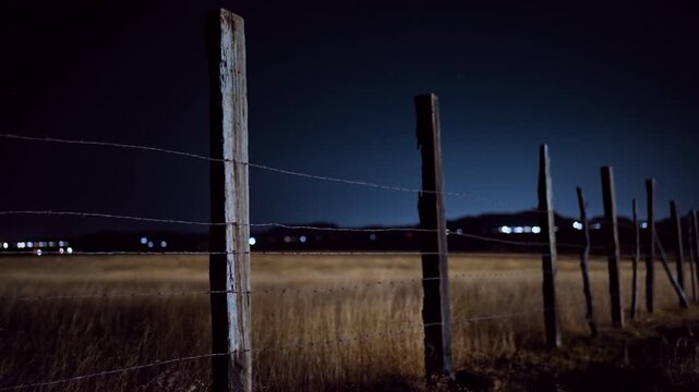 Weathered wooden fence posts with barbed wire stretch across dry golden grassland at night. Distant city lights create soft bokeh effect against deep blue dark sky with mountains on horizon.