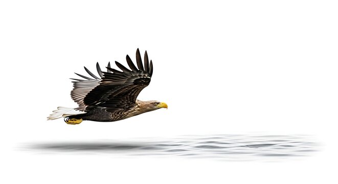 Bald eagle flying over water surface.