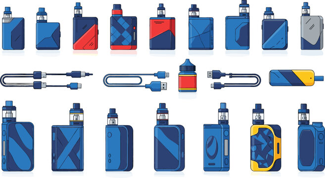Vape devices and accessories collection with e cigarettes, pods and charging cables, modern vaping equipment vector set isolated on white background