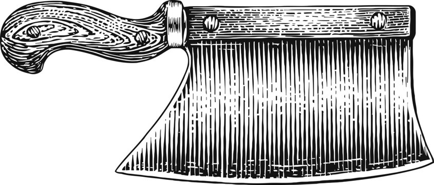 Vintage butcher cleaver illustration engraved meat cleaver with wooden handle in black and white