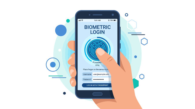 A modern smartphone displaying a biometric fingerprint authentication screen held by a human hand for secure mobile device user login