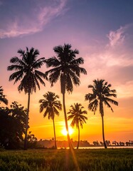 Obraz premium A serene tropical landscape at sunset with palm trees (1)