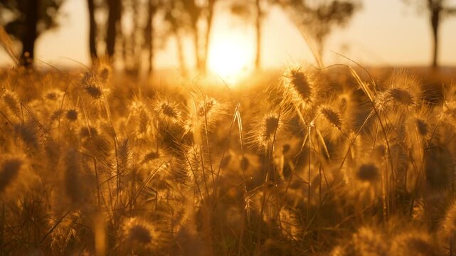 Wild fluffy grass seed heads glowing in golden hour sunlight with soft bokeh background. Warm amber tones illuminate delicate plant fibers as sun sets behind silhouetted trees in meadow.