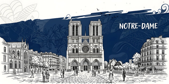 Majestic Notre-Dame de Paris Wall Art: Hand-Drawn Line Illustration of the French Landmark with Deep Blue Watercolor Accents, Gothic Cathedral Details, and Elegant Architectural Sketch for Decor.