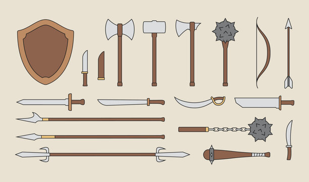 Ancient weapons simple cartoon style icon set. Traditional wooden weapon logo icon symbol collections