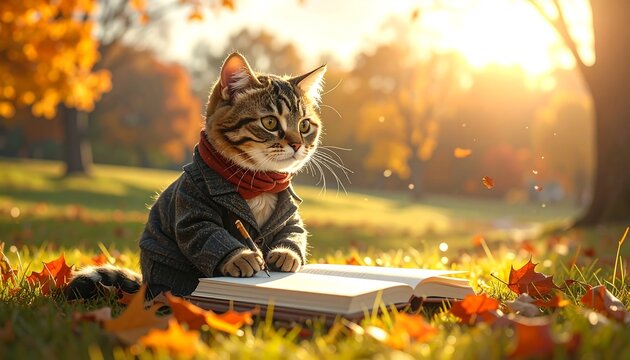 A cat in a jacket sits on grass with an open book