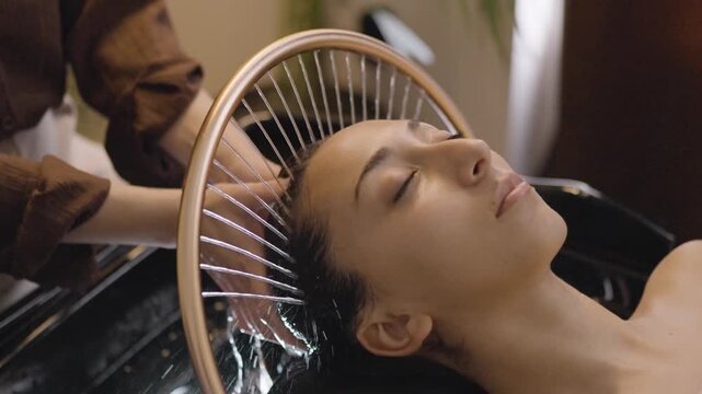 Woman relaxing during a head spa scalp massage treatment
