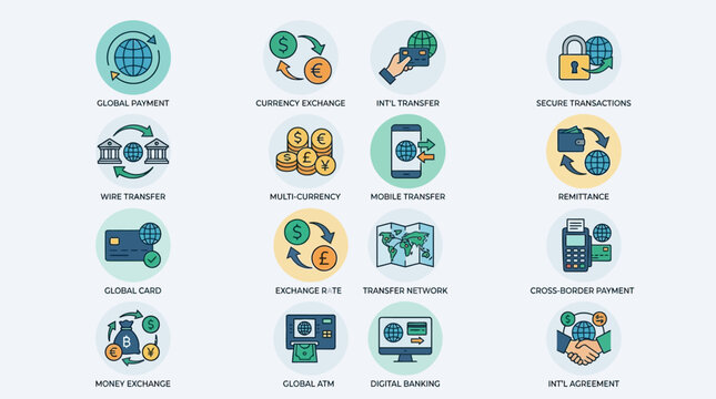 Collection of vector icons illustrating global payment, currency exchange, wire transfers, and secure transactions worldwide.