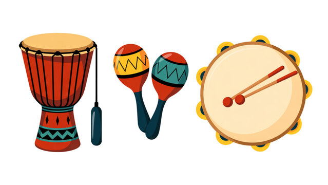 Colorful hand percussion instruments arranged on a surface
