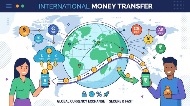 Two people use mobile phones to send and receive digital money across international borders through a global currency exchange network