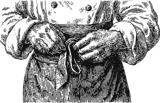 Chef tying apron string professional cook's hands adjusting uniform belt culinary work attire detail