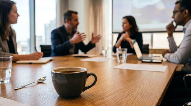 Business meeting with four professionals discussing strategy at table  