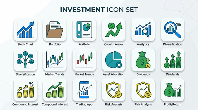 A comprehensive collection of modern financial investment icons featuring stock charts growth arrows market trends asset allocation and various essential money management digital symbols