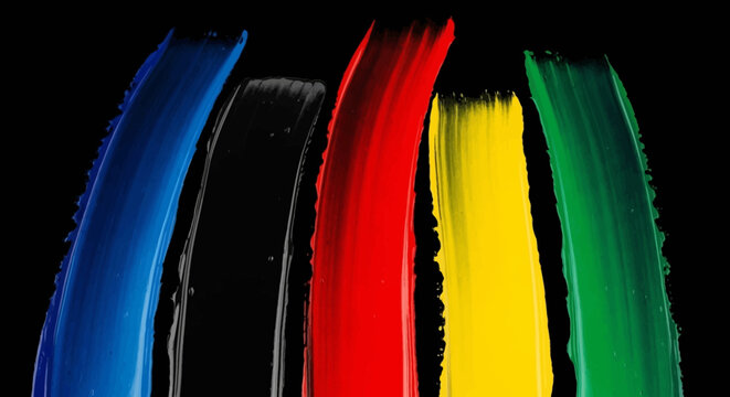 Abstract Olympic Rings Paint Strokes on Black Background.