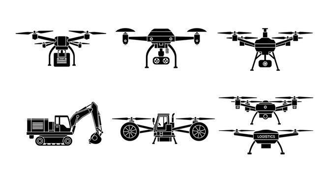 Drones and construction vehicle icons.