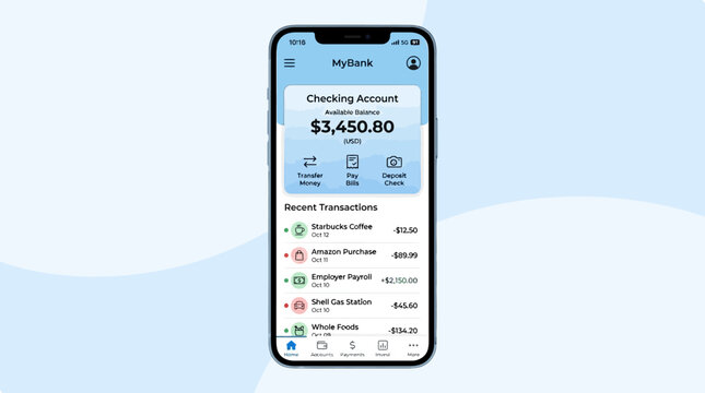Mobile banking app displays checking account balance and recent financial transactions for easy money management.