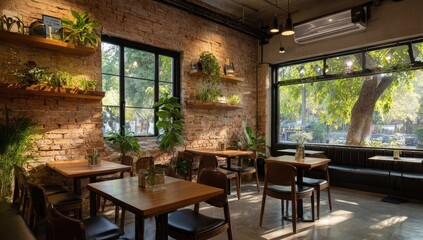 Fototapeta premium Cozy brick interior cafe with abundant plants and natural light