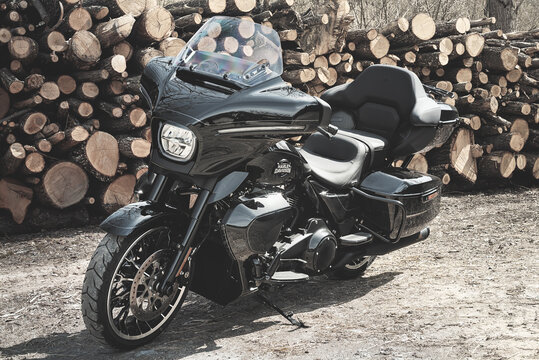 Custom and touring motorcycles parked in front of stacked logs in forest setting