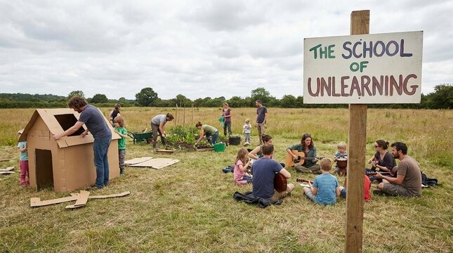 Group of people build and learn outdoors in a grassy field near a handmade sign reading the school of unlearning, calm collaborative mood, ideal for education and community themes