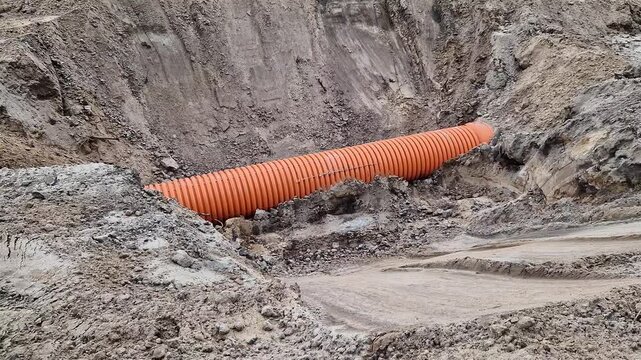 Plastic protective corrugation for cables or drainage laid in sandy soil. The process of underground engineering works. Orange corrugated pipe in a trench at a construction site
