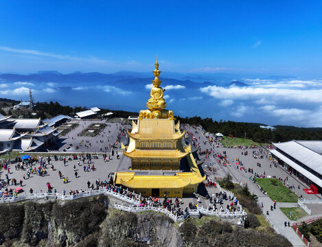 Aerial photography of the Ten Directions Samantabhadra of the Golden Summit and Golden Buddha on Mount Emei in Leshan, Sichuan Province