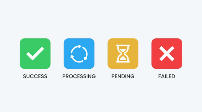Four essential digital status icons for user interfaces, illustrating success, ongoing processing, pending operations, and critical failed actions clearly and distinctly.