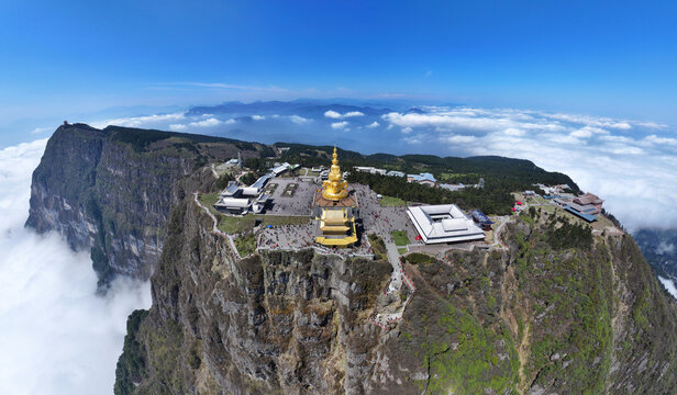 Aerial photography of the Ten Directions Samantabhadra of the Golden Summit and Golden Buddha on Mount Emei in Leshan, Sichuan Province