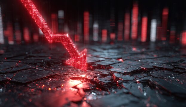 Glowing red arrow points down on broken, dark digital surface