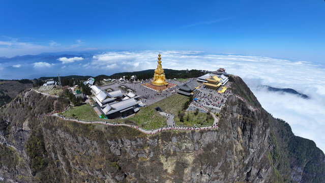 Aerial photography of the Ten Directions Samantabhadra of the Golden Summit and Golden Buddha on Mount Emei in Leshan, Sichuan Province
