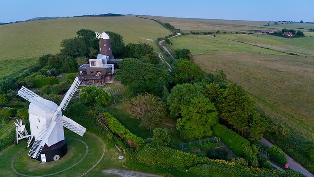 Aerial drone view of Jack and Jill Windmills on the South Downs Way at Clayton Hill in Sussex