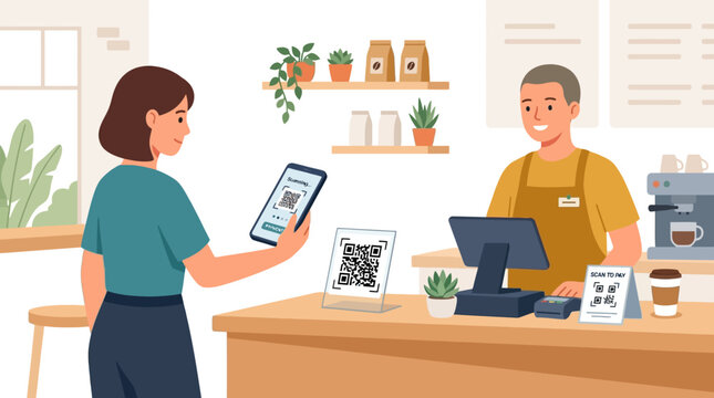 Customer pays for coffee using a smartphone qr code scanning at cafe checkout counter