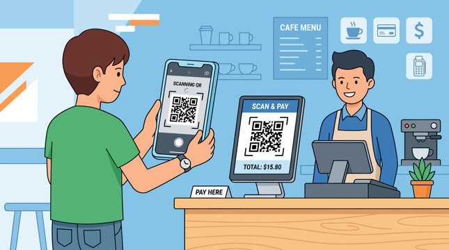 Customer uses smartphone to scan QR code for contactless payment at cafe counter transaction.