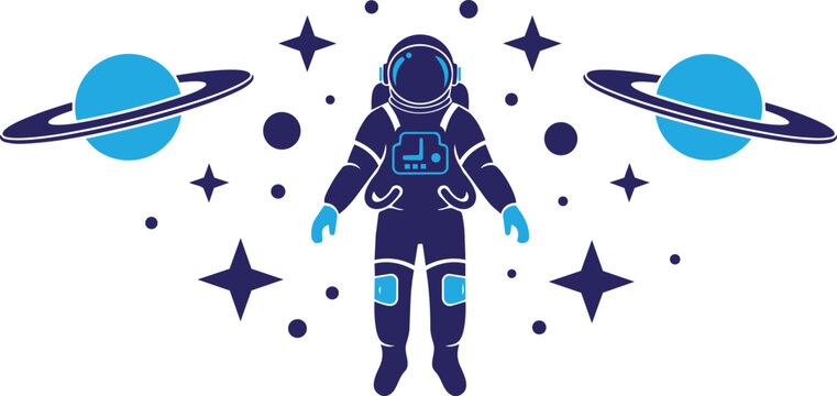 Astronaut in space with planets and stars, flat vector illustration