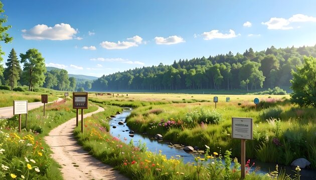 Sendero natural junto a un arroyo en un humedal protegido con carteles informativos y paisaje verde