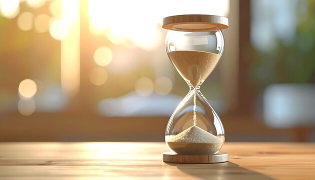 Reloj de arena sobre mesa de madera con luz c&aacute;lida como s&iacute;mbolo del paso del tiempo