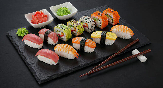 Premium assorted sushi and nigiri set with salmon tuna shrimp and tamago served on a black slate board with wasabi ginger and wooden chopsticks for professional food photography.