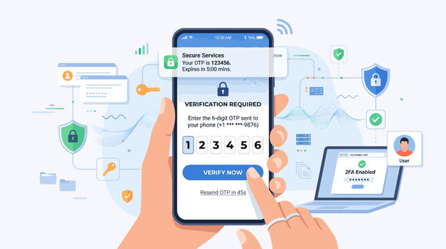 A stylized hand holds a mobile phone, displaying a secure one-time password (OTP) verification screen for two-factor authentication.