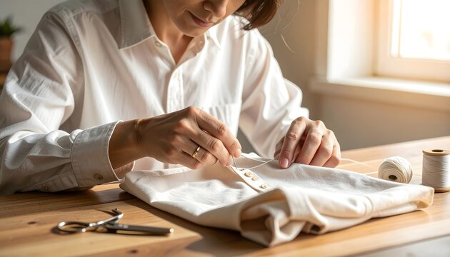 Mujer cosiendo a mano una prenda blanca en una mesa de madera junto a una ventana
