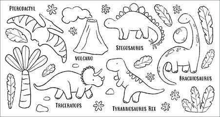 dino vector one line clipart set. hand drawn illustrations Stegosaurus, Tyrannosaurus Rex, Triceratops, Pterodactyl, Brachiosaurus, volcano, leaves, rocks and flowers. isolated editable jurassic world © curly