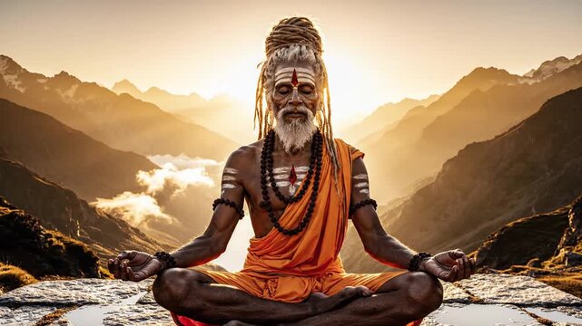 Elderly sadhu meditating in lotus pose on mountain cliff at sunrise, serene spiritual practice, enlightenment concept