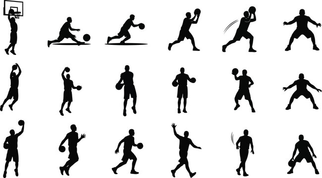 Diverse basketball and volleyball player actions and stances in sequential illustrations Vector