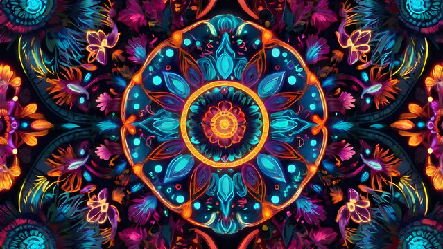 Glowing mandala flower pattern symmetrical neon floral mandalas radiant center light spiritual
