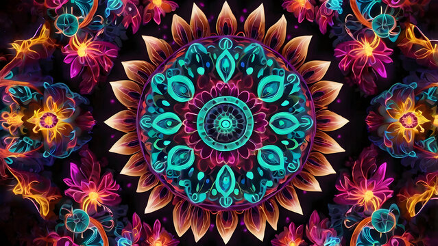 Glowing mandala flower pattern symmetrical neon floral mandalas radiant center light spiritual