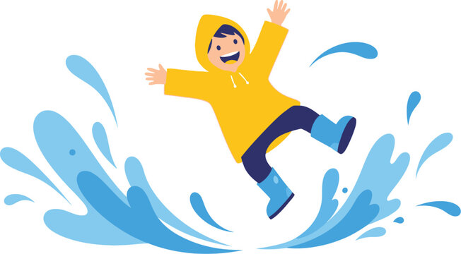 Happy boy in yellow raincoat jumping in water splash flat vector isolated on white