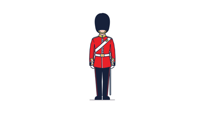 Illustration of a British guard in a red uniform and black bearskin hat standing against a white background.