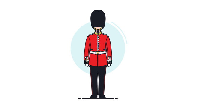 Illustration of a British guard in a red uniform and black bearskin hat standing against a light blue circle on a white background.